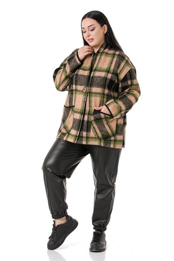 Büyük Beden Şal Yaka Torba Cepli Tek Düğmeli Astarsız Vizon Ceket