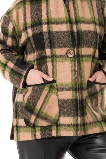 Büyük Beden Şal Yaka Torba Cepli Tek Düğmeli Astarsız Vizon Ceket