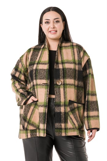 Büyük Beden Şal Yaka Torba Cepli Tek Düğmeli Astarsız Vizon Ceket