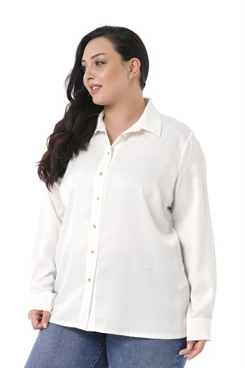 Büyük Beden Saten Dokulu Manşetli Beyaz Gömlek