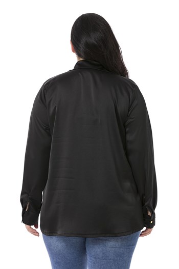Büyük Beden Saten Dokulu Manşetli Siyah Gömlek