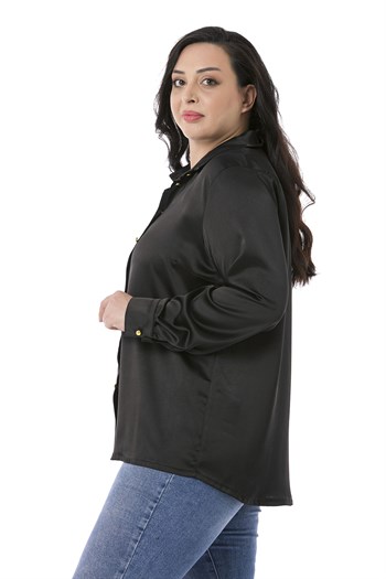 Büyük Beden Saten Dokulu Manşetli Siyah Gömlek