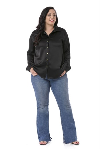 Büyük Beden Saten Dokulu Manşetli Siyah Gömlek