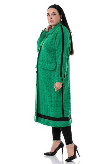 Büyük Beden Şerit Detaylı Kaplama Düğmeli Uzun Astarsız Buklet Yeşil Ceket
