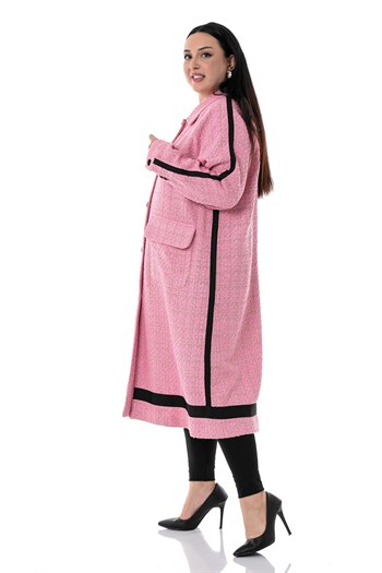 Büyük Beden Şerit Detaylı Kaplama Düğmeli Uzun Astarsız Buklet Pembe Ceket