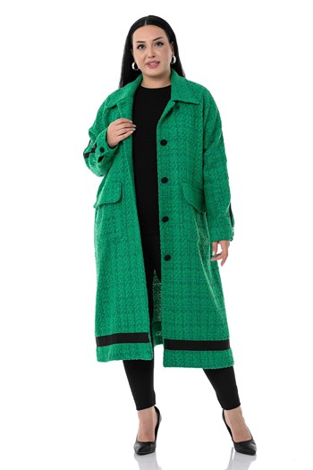 Büyük Beden Şerit Detaylı Kaplama Düğmeli Uzun Astarsız Buklet Yeşil Ceket