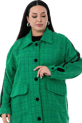 Büyük Beden Şerit Detaylı Kaplama Düğmeli Uzun Astarsız Buklet Yeşil Ceket