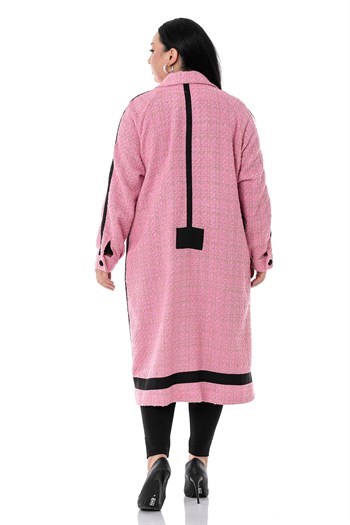 Büyük Beden Şerit Detaylı Kaplama Düğmeli Uzun Astarsız Buklet Pembe Ceket