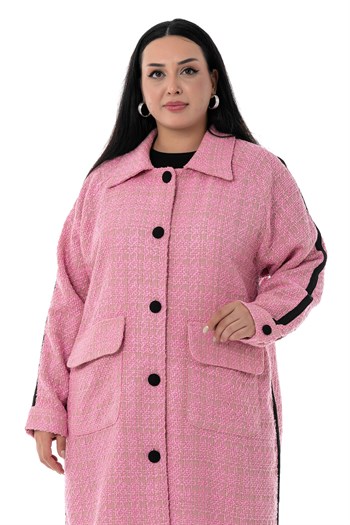 Büyük Beden Şerit Detaylı Kaplama Düğmeli Uzun Astarsız Buklet Pembe Ceket