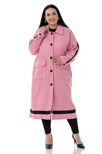 Büyük Beden Şerit Detaylı Kaplama Düğmeli Uzun Astarsız Buklet Pembe Ceket