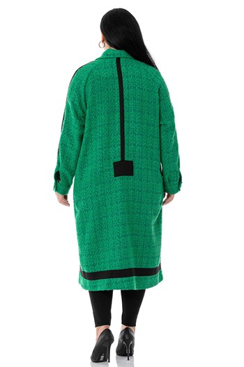 Büyük Beden Şerit Detaylı Kaplama Düğmeli Uzun Astarsız Buklet Yeşil Ceket