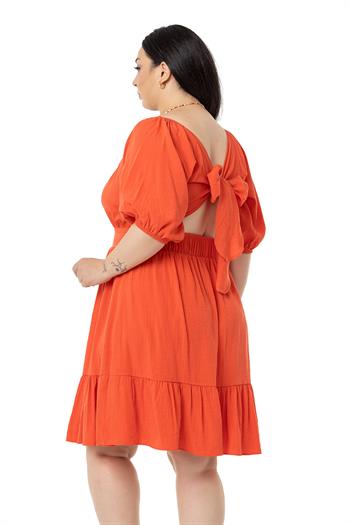 Büyük Beden Sırt Dekolteli Kısa Coral Elbise