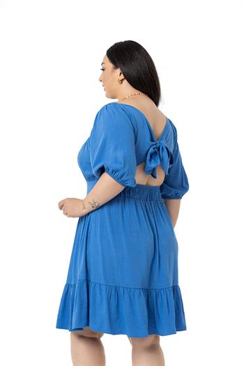 Büyük Beden Sırt Dekolteli Kısa İndigo Elbise