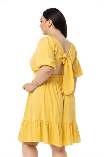 Büyük Beden Sırt Dekolteli Kısa Sarı Elbise