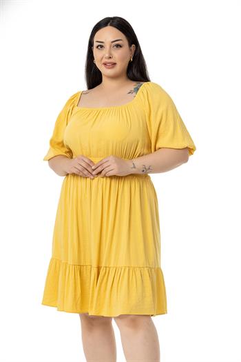 Büyük Beden Sırt Dekolteli Kısa Sarı Elbise