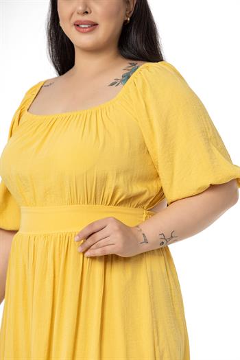 Büyük Beden Sırt Dekolteli Kısa Sarı Elbise