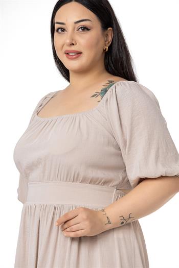 Büyük Beden Sırt Dekolteli Kısa Taş Rengi Elbise