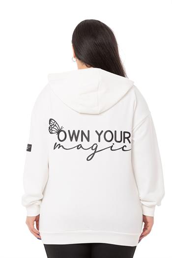 Büyük Beden Sırtında Yazı Detaylı Kapüşonlu Kanguru Cepli Üç İplik Beyaz Sweatshirt