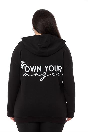 Büyük Beden Sırtında Yazı Detaylı Kapüşonlu Kanguru Cepli Üç İplik Siyah Sweatshirt
