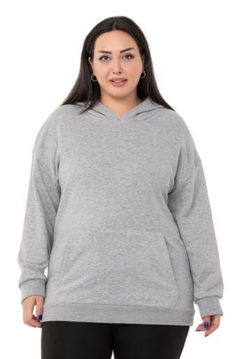 Büyük Beden Sırtında Yazı Detaylı Kapüşonlu Kanguru Cepli Üç İplik Gri Melanj Sweatshirt