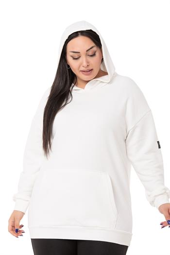 Büyük Beden Sırtında Yazı Detaylı Kapüşonlu Kanguru Cepli Üç İplik Beyaz Sweatshirt
