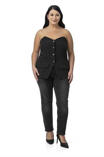 Plus Size Decorative Pocket Flap Elastic Back Buttoned Black Bustier