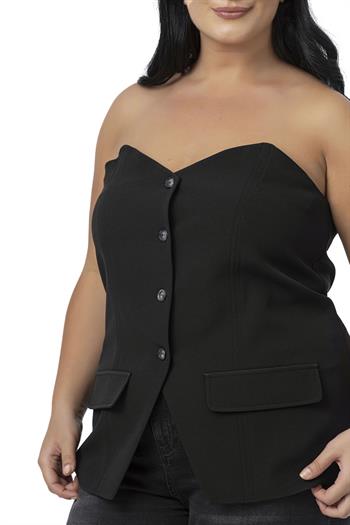 Plus Size Decorative Pocket Flap Elastic Back Buttoned Black Bustier