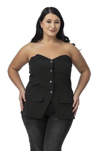 Plus Size Decorative Pocket Flap Elastic Back Buttoned Black Bustier