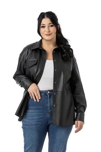 Büyük Beden Tek Cepli Çıtçıt Kapamalı Deri Siyah Gömlek