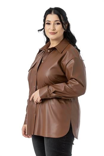 Büyük Beden Tek Cepli Çıtçıt Kapamalı Deri Kahverengi Gömlek
