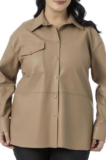 Büyük Beden Tek Cepli Çıtçıt Kapamalı Deri Bej Rengi Gömlek