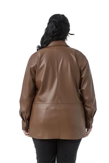 Büyük Beden Tek Cepli Çıtçıt Kapamalı Deri Kahverengi Gömlek