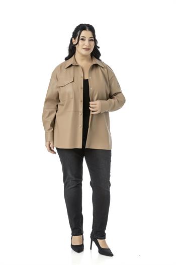 Büyük Beden Tek Cepli Çıtçıt Kapamalı Deri Bej Rengi Gömlek