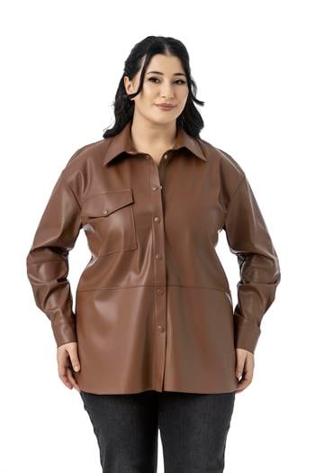 Büyük Beden Tek Cepli Çıtçıt Kapamalı Deri Kahverengi Gömlek