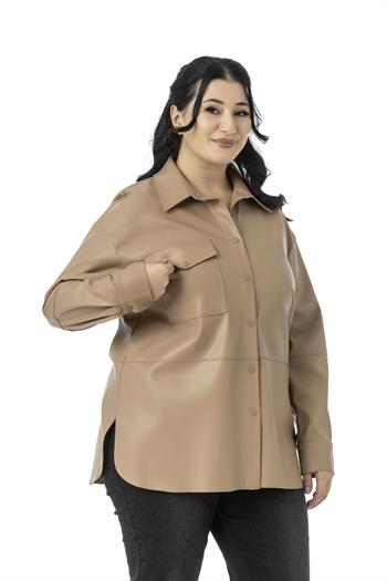 Büyük Beden Tek Cepli Çıtçıt Kapamalı Deri Bej Rengi Gömlek