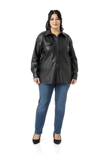 Büyük Beden Tek Cepli Çıtçıt Kapamalı Deri Siyah Gömlek