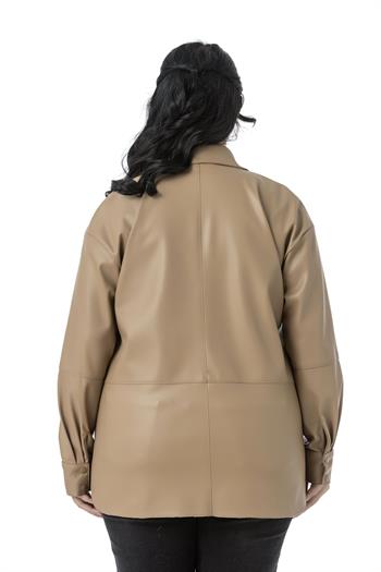 Büyük Beden Tek Cepli Çıtçıt Kapamalı Deri Bej Rengi Gömlek