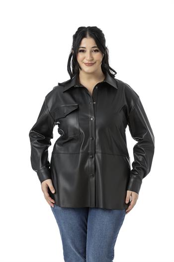 Büyük Beden Tek Cepli Çıtçıt Kapamalı Deri Siyah Gömlek