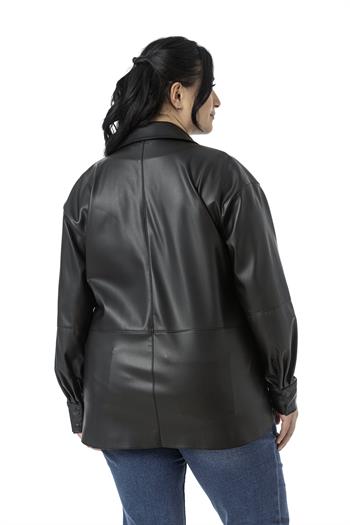 Büyük Beden Tek Cepli Çıtçıt Kapamalı Deri Siyah Gömlek