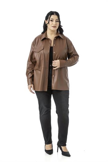 Büyük Beden Tek Cepli Çıtçıt Kapamalı Deri Kahverengi Gömlek