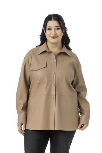Büyük Beden Tek Cepli Çıtçıt Kapamalı Deri Bej Rengi Gömlek