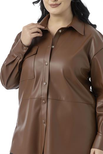 Büyük Beden Tek Cepli Çıtçıt Kapamalı Deri Kahverengi Gömlek