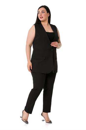 Plus Size Single Buttoned Black Lined Vest with Ornamental Pocket Cover