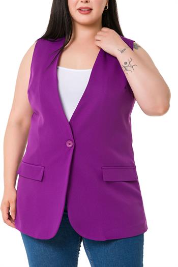 Plus Size Single Buttoned Purple Lined Vest with Ornamental Pocket Cover