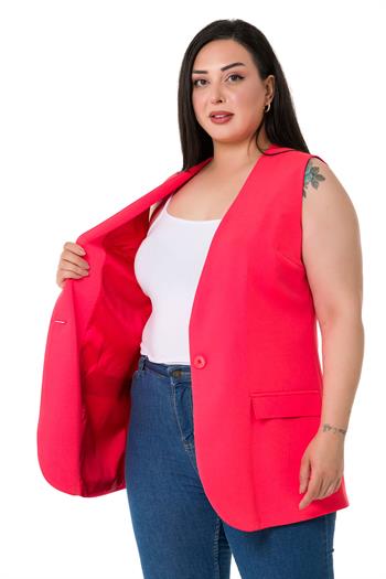 Plus Size Single Buttoned Coral Lined Vest with Ornamental Pocket Cover
