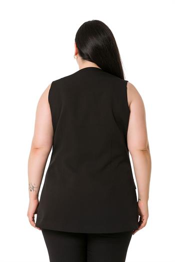 Plus Size Single Buttoned Black Lined Vest with Ornamental Pocket Cover
