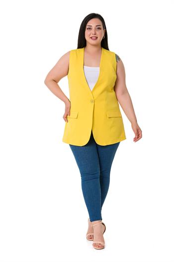 Plus Size Single Buttoned Yellow Lined Vest with Ornamental Pocket Cover