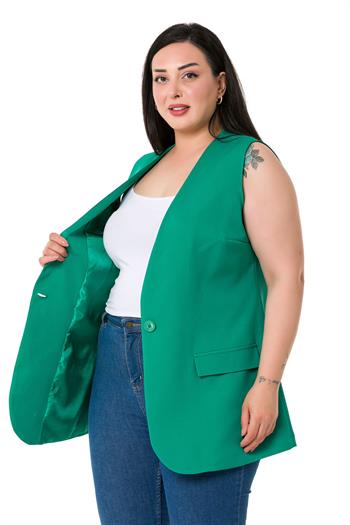 Plus Size Single Buttoned Green Lined Vest with Ornamental Pocket Cover