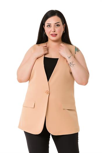 Plus Size Single Buttoned Camel Lined Vest with Ornamental Pocket Cover