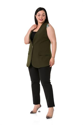 Plus Size Single Buttoned Coral Lined Vest with Ornamental Pocket Cover